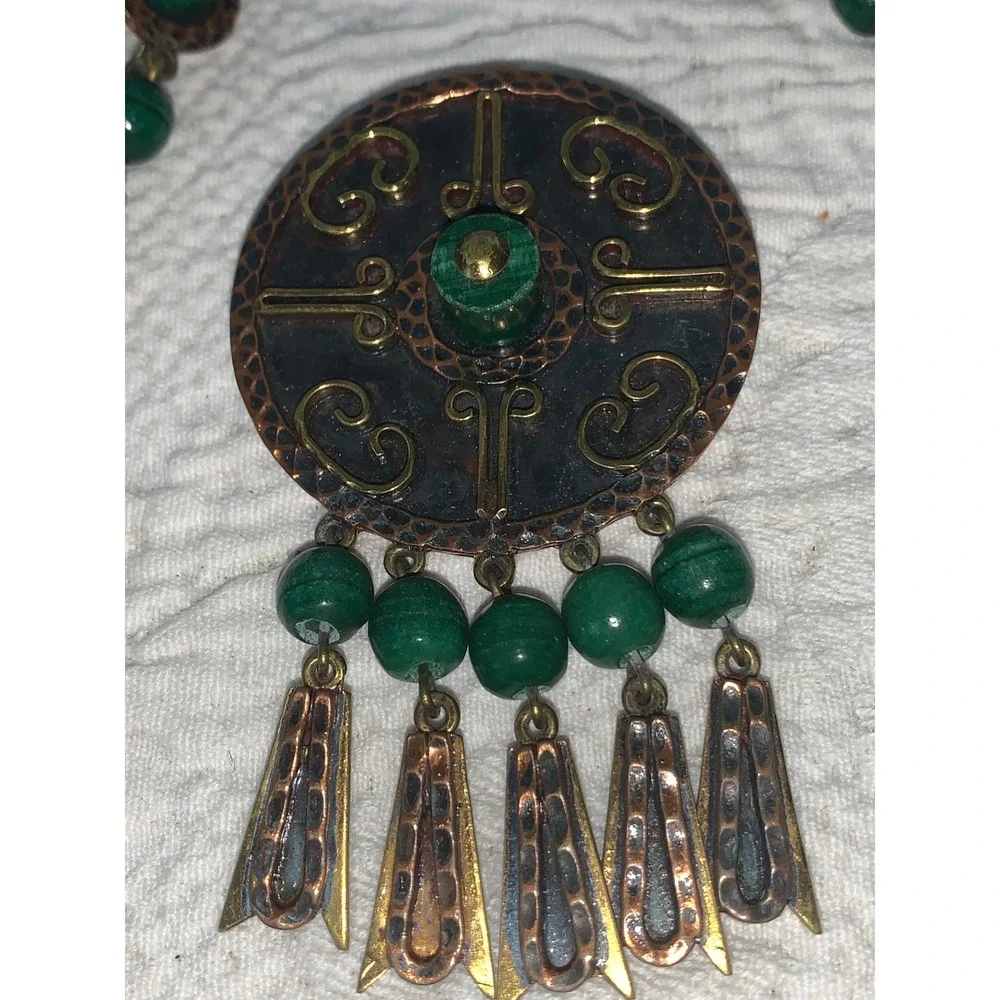 Vintage Mexico Mixed Metal Copper Malachite Brooch Pendant and Earrings Set‎